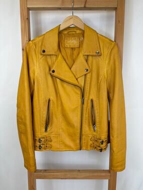 Sebby Collection Yellow Zip Up Faux Leather Jacket Buckle Waist  Size L